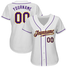 Load image into Gallery viewer, Custom White Purple-Gold Authentic Baseball Jersey