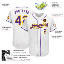 Load image into Gallery viewer, Custom White Purple-Gold Authentic Baseball Jersey