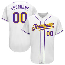 Load image into Gallery viewer, Custom White Purple-Gold Authentic Baseball Jersey