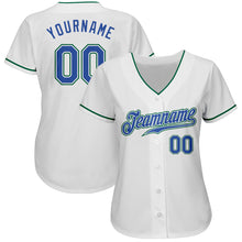Load image into Gallery viewer, Custom White Blue-Kelly Green Authentic Baseball Jersey