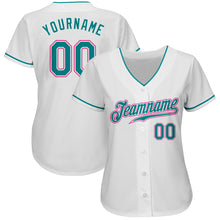 Load image into Gallery viewer, Custom White Teal-Pink Authentic Baseball Jersey