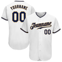Load image into Gallery viewer, Custom White Navy-Old Gold Authentic Baseball Jersey