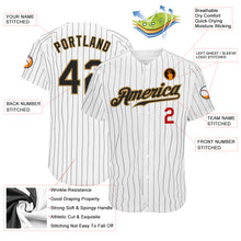 Load image into Gallery viewer, Custom White Black Pinstripe Black Old Gold-Red Authentic Baseball Jersey