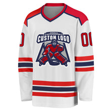 Load image into Gallery viewer, Custom White Red-Navy Hockey Jersey