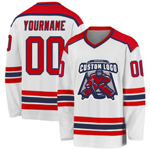 Load image into Gallery viewer, Custom White Red-Navy Hockey Jersey
