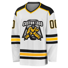 Load image into Gallery viewer, Custom White Black-Gold Hockey Jersey