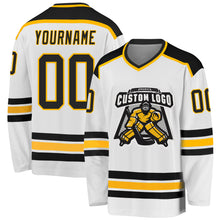Load image into Gallery viewer, Custom White Black-Gold Hockey Jersey