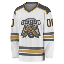 Load image into Gallery viewer, Custom White Steel Gray-Old Gold Hockey Jersey
