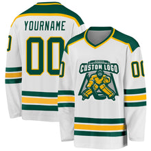 Load image into Gallery viewer, Custom White Green-Gold Hockey Jersey