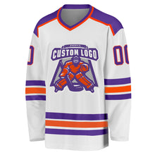 Load image into Gallery viewer, Custom White Purple-Orange Hockey Jersey