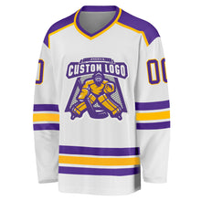 Load image into Gallery viewer, Custom White Purple-Gold Hockey Jersey