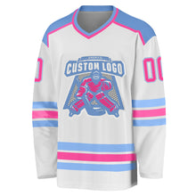 Load image into Gallery viewer, Custom White Pink-Light Blue Hockey Jersey