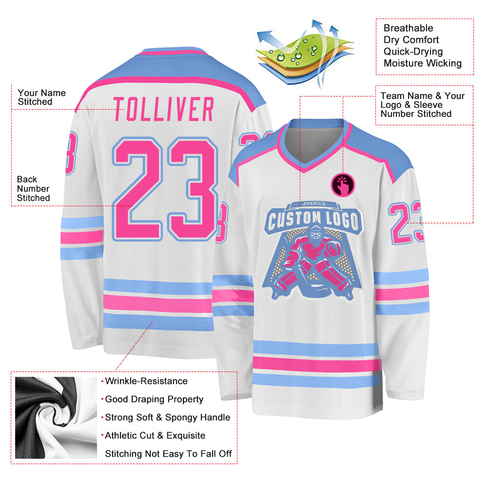 Custom Powder Blue Pink Black-White Classic Style Hockey Jersey