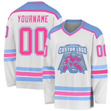 Load image into Gallery viewer, Custom White Pink-Light Blue Hockey Jersey
