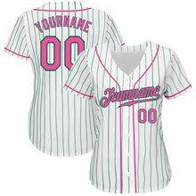Load image into Gallery viewer, Custom White Kelly Green Pinstripe Pink-Kelly Green Authentic Baseball Jersey
