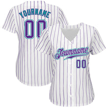 Load image into Gallery viewer, Custom White Purple Pinstripe Purple-Teal Authentic Baseball Jersey