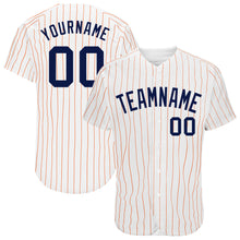 Load image into Gallery viewer, Custom White Orange Pinstripe Navy Authentic Baseball Jersey