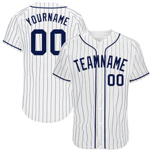 Load image into Gallery viewer, Custom White Navy Pinstripe Navy Authentic Baseball Jersey