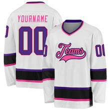 Load image into Gallery viewer, Custom White Purple Black-Pink Hockey Jersey