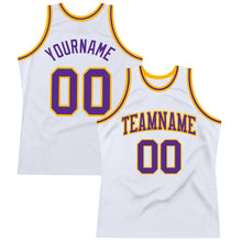 Load image into Gallery viewer, Custom White Purple-Gold Authentic Throwback Basketball Jersey