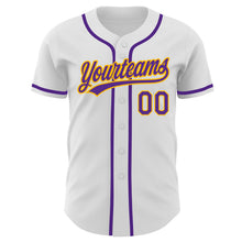Load image into Gallery viewer, Custom White Purple-Gold Authentic Baseball Jersey