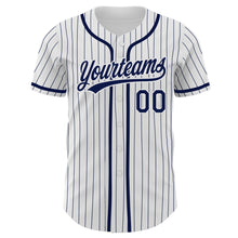 Load image into Gallery viewer, Custom White Navy Pinstripe Navy Authentic Baseball Jersey