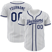 Load image into Gallery viewer, Custom White Navy Pinstripe Navy Authentic Baseball Jersey