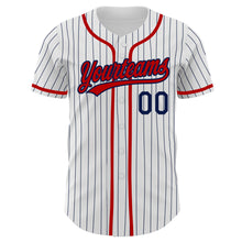 Load image into Gallery viewer, Custom White Navy Pinstripe Red Authentic Baseball Jersey