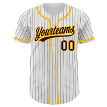 Load image into Gallery viewer, Custom White Brown Pinstripe Brown-Gold Authentic Baseball Jersey