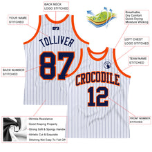 Load image into Gallery viewer, Custom White Navy Pinstripe Navy-Orange Authentic Basketball Jersey