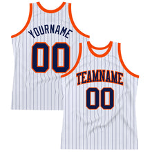 Load image into Gallery viewer, Custom White Navy Pinstripe Navy-Orange Authentic Basketball Jersey
