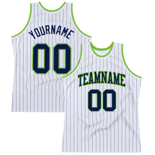 Load image into Gallery viewer, Custom White Navy Pinstripe Navy-Neon Green Authentic Basketball Jersey