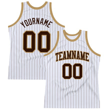 Load image into Gallery viewer, Custom White Brown Pinstripe Brown-Old Gold Authentic Basketball Jersey
