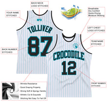 Load image into Gallery viewer, Custom White Teal Pinstripe Black Authentic Basketball Jersey