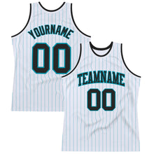 Load image into Gallery viewer, Custom White Teal Pinstripe Black Authentic Basketball Jersey
