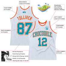 Load image into Gallery viewer, Custom White Teal Pinstripe Teal-Orange Authentic Basketball Jersey