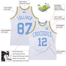 Load image into Gallery viewer, Custom White Light Blue-Gold Authentic Throwback Basketball Jersey