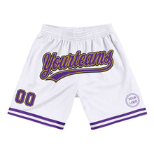 Load image into Gallery viewer, Custom White Purple Old Gold-Black Authentic Throwback Basketball Shorts
