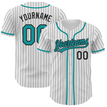 Load image into Gallery viewer, Custom White Black Pinstripe Teal Authentic Baseball Jersey
