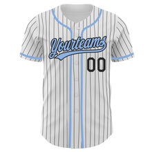 Load image into Gallery viewer, Custom White Black Pinstripe Light Blue Authentic Baseball Jersey