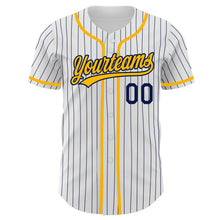 Load image into Gallery viewer, Custom White Navy Pinstripe Gold Authentic Baseball Jersey
