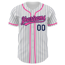 Load image into Gallery viewer, Custom White Navy Pinstripe Pink Authentic Baseball Jersey