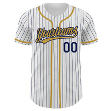 Load image into Gallery viewer, Custom White Navy Pinstripe Old Gold Authentic Baseball Jersey
