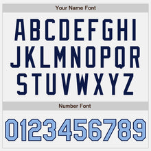 Load image into Gallery viewer, Custom White Navy Pinstripe Light Blue Authentic Baseball Jersey