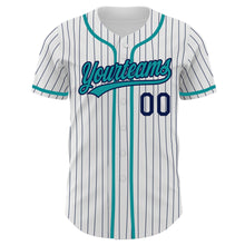 Load image into Gallery viewer, Custom White Navy Pinstripe Teal Authentic Baseball Jersey