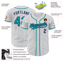 Load image into Gallery viewer, Custom White Navy Pinstripe Teal Authentic Baseball Jersey