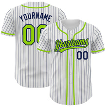 Load image into Gallery viewer, Custom White Navy Pinstripe Neon Green Authentic Baseball Jersey