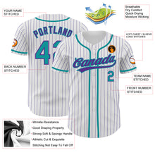 Load image into Gallery viewer, Custom White Purple Pinstripe Teal Authentic Baseball Jersey