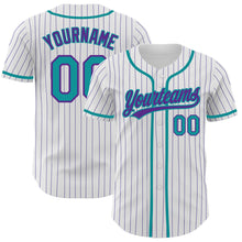 Load image into Gallery viewer, Custom White Purple Pinstripe Teal Authentic Baseball Jersey