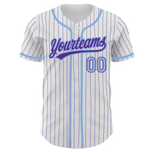 Load image into Gallery viewer, Custom White Purple Pinstripe Light Blue Authentic Baseball Jersey
